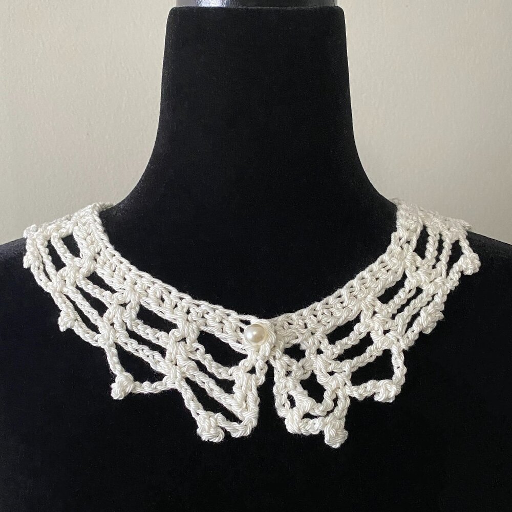 Handmade Crochet White Cotton Faux Pearl Small Collar Neckwear Accessory